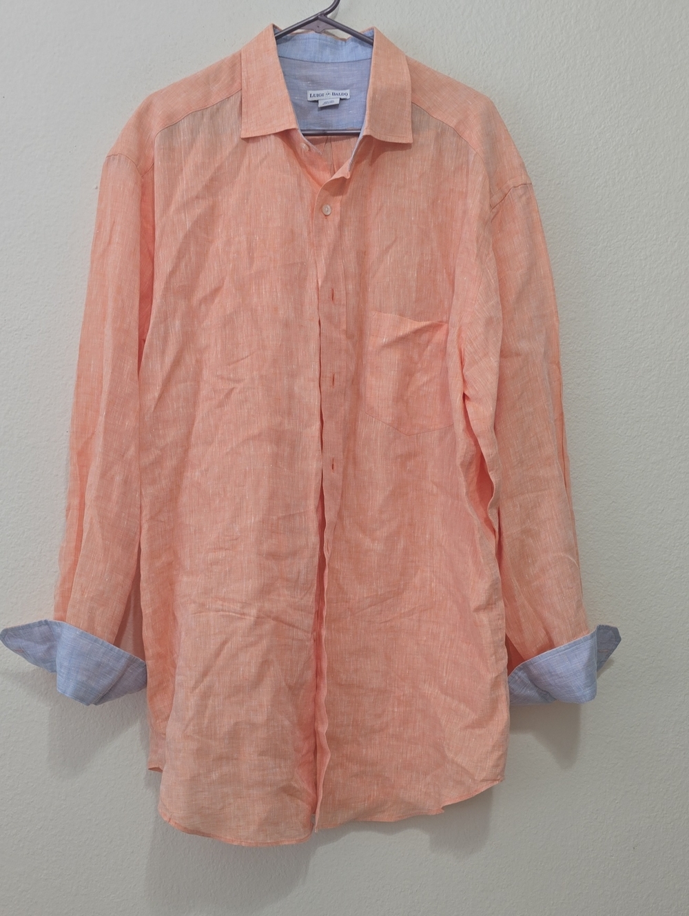 Luigi And Baldo Light Coral Linen Button-Down Shirt with Contrast Cuffs XXL
